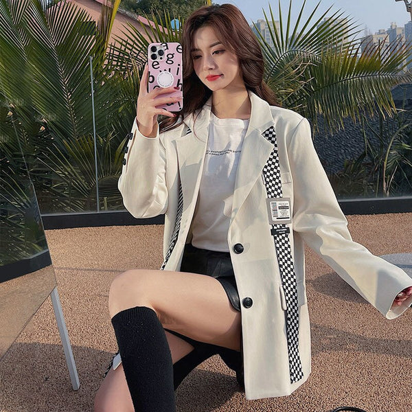 Korean Women's Suit Coat Spring Autumn 2023 Loose Casual British Style Blazer Single-breasted Long Sleeves Coat Female