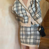 Korean ins spring V-neck plaid short knit sweater with hip skirt two-piece female