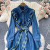 Korejepo Denim Dress Women's Retro Hong Kong Style Lapel Long Sleeve 2022 Plaid Stitching Ruffle Single Breasted Length Dresses