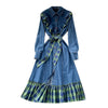 Korejepo Denim Dress Women's Retro Hong Kong Style Lapel Long Sleeve 2022 Plaid Stitching Ruffle Single Breasted Length Dresses