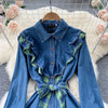 Korejepo Denim Dress Women's Retro Hong Kong Style Lapel Long Sleeve 2022 Plaid Stitching Ruffle Single Breasted Length Dresses