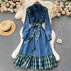 Korejepo Denim Dress Women's Retro Hong Kong Style Lapel Long Sleeve 2022 Plaid Stitching Ruffle Single Breasted Length Dresses