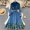 Korejepo Denim Dress Women's Retro Hong Kong Style Lapel Long Sleeve 2022 Plaid Stitching Ruffle Single Breasted Length Dresses