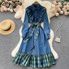 Korejepo Denim Dress Women's Retro Hong Kong Style Lapel Long Sleeve 2022 Plaid Stitching Ruffle Single Breasted Length Dresses