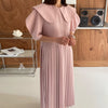 Korejpaa Women Dress 2022 Summer French Gentle Doll Collar Loose Solid Color Lantern Sleeve Stitching Design Pleated Vestidos