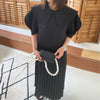 Korejpaa Women Dress 2022 Summer French Gentle Doll Collar Loose Solid Color Lantern Sleeve Stitching Design Pleated Vestidos