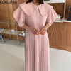 Korejpaa Women Dress 2022 Summer French Gentle Doll Collar Loose Solid Color Lantern Sleeve Stitching Design Pleated Vestidos