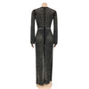 Kricesseen Sexy Black Rhinestone Hem Tassel Sheer Maxi Dress Women Flare Sleeve High Slit Bodycon Party Clubwear Long Dress