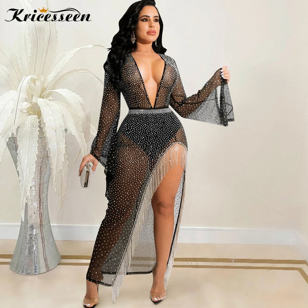 Kricesseen Sexy Black Rhinestone Hem Tassel Sheer Maxi Dress Women Flare Sleeve High Slit Bodycon Party Clubwear Long Dress