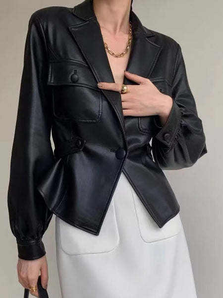 Kumsvag 2023 Autumn Women PU Blazers Coats Suit Casual Black Sashes Bow Tie Elegant Street Blazer Outerwear Clothing