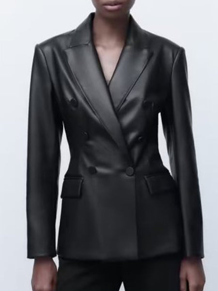 Kumsvag 2023 Autumn Women Slim PU Blazers Coats Suit Casual Solid Double Breasted Female Elegant Street OL Blazer Clothing