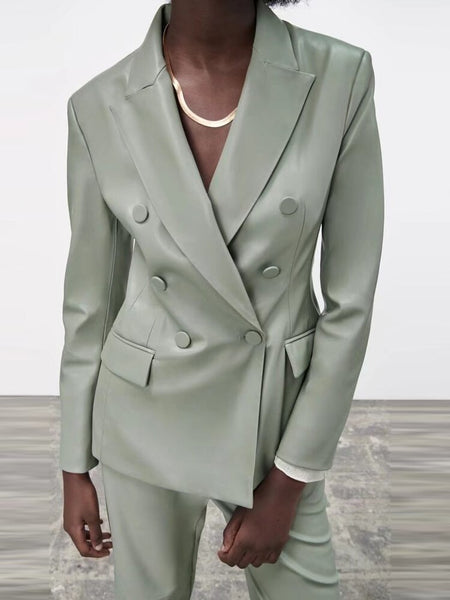 Kumsvag 2023 Summer Women PU Blazers Coats Suit Casual Solid Double Breasted Slim Female Elegant Street OL Blazer Clothing