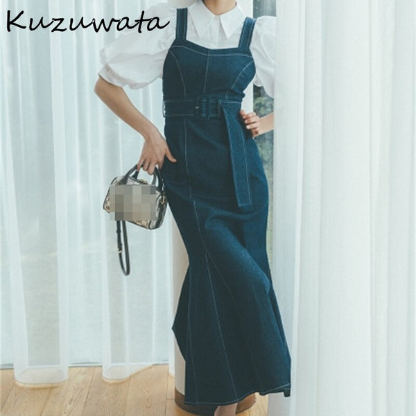 Kuzuwata Temperament Strap Dress Woman High Waist All-match Maxi Dresses for Women High-end Solid Color Vestidos 2023