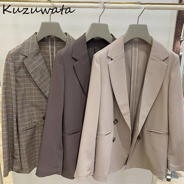 Kuzuwata Japanese Suits 2022 Early Autumn Women Jackets Simple Solid Plaid Lapel Long Sleeve Pockets Double Breasted Blazers