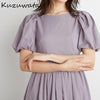 Kuzuwata O Neck Puff Short Sleeve Pullover Dress Women Sexy Open Back High Waist Hip A Line Long Vestidos Summer Multicolor Robe