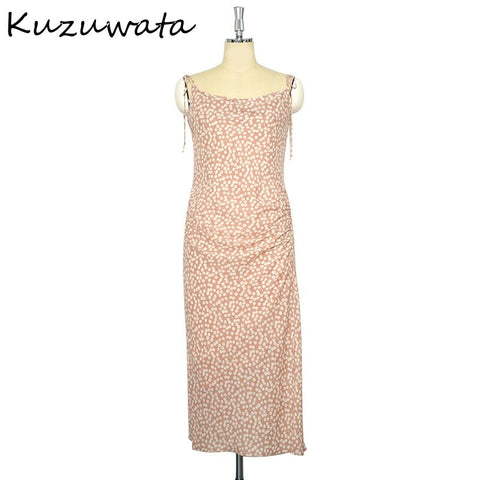 Kuzuwata Sexy Sweet Split Design Camis Dress 2022 Summer  Cherry Print Women Dresses  Elegant High Waist Vestidos