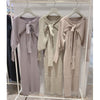 Kuzuwata Spring Summer  Suit Elegant Puff Sleeve Knit Vest Dress + Solid Chic Bow Drawstring Design Tops 2 Pcs Women Set