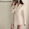 Kuzuwata Turn Down Collar Long Sleeve Slim Blazer Women Slim Waist Sashes Solid Coat Femme Spring 2022 All Match Clothing