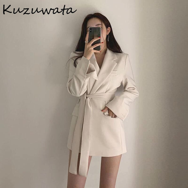 Kuzuwata Turn Down Collar Long Sleeve Slim Blazer Women Slim Waist Sashes Solid Coat Femme Spring 2022 All Match Clothing