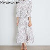 Kuzuwata V Neck Long Sleeve Slim Pullover Dress Women Vintage Print High Waist Hip A Line Long Vestidos Spring 2022  Robe