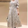 Kuzuwata V Neck Long Sleeve Slim Pullover Dress Women Vintage Print High Waist Hip A Line Long Vestidos Spring 2022  Robe