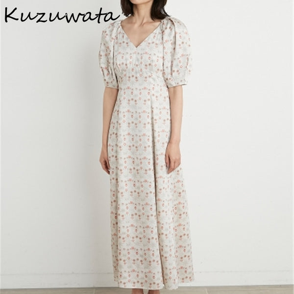Kuzuwata V Neck Puff Short Sleeve Dress Women Vintage Print Ol Temperament Vestidos High Waist Hip A Line Open Back Robe Summer