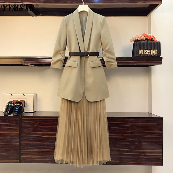 L-4XL Plus Size Women's 2022 Spring and Autumn Loose Fold-sleeved Ladies Blazer + Fashionable Long Mesh Skirt Two-piece Suit