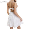 2022 Summer Party Dresses Women Tunic Backless White Lace Up Vestidos Sleeveless Mini Dress Sexy Deep V Neck Beach Dress