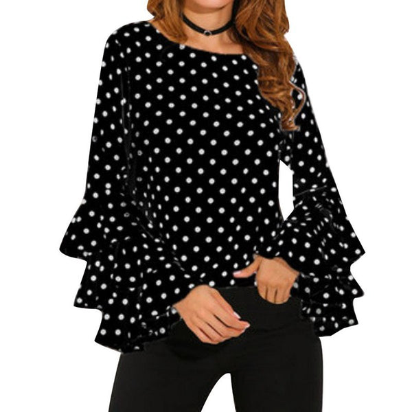 Elegant Dot Print Flare Sleeve Women Blusa O-neck Long Sleeve Chiffon Shirts Ladies Tops Korean White Black Blouse Tee