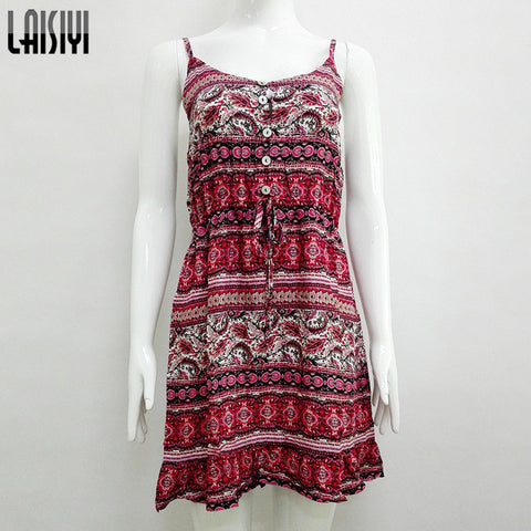 Vintage Bohemian Summer Dress Boho Sexy Sleeveless Beach Dress Backless Mini Short Sundress Red Vestidos Mujer ASDR20226