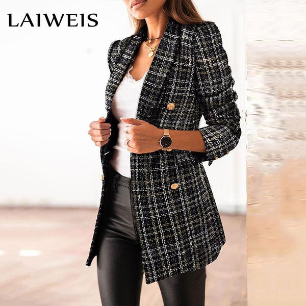LAIWEIS 2023 Womens Jacket Line Plaid Weave Tweed Print Double-breasted Blazer Jacket Slim Elegant Coat Outwear Tweed Jacket