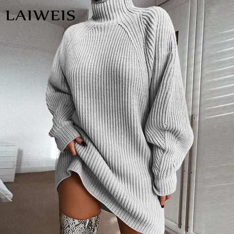 LAIWEIS Elegant sweater dresses for wome turtleneck long sleeve solid loose thicken basic autumn winter knitted dress
