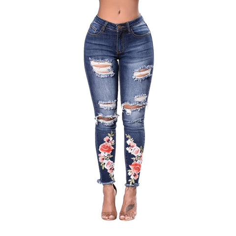 Plus Size 2XL 3XL Vintage Hole Jeans Women Destroyed Pants Bleached Denim Pants Floral Printed Jeans Girls KWA0257-4