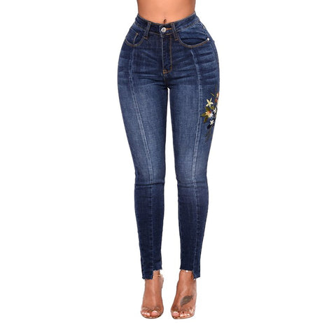 Plus Size 2XL 3XL Women Jeans Floral Printed Washed Denim Pencil Skinny Jeans High Waist Patchwork Trousers KWA0255-3