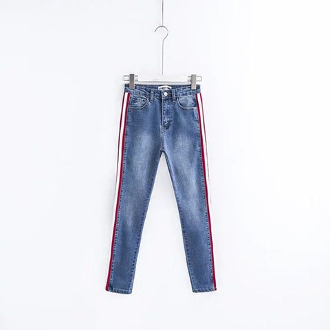 Side Stripe Jeans Woman High Waist Jeans Denim Full Length Female Pencil Pant Skinny Vintage Jeans Mujer KWA0282-45