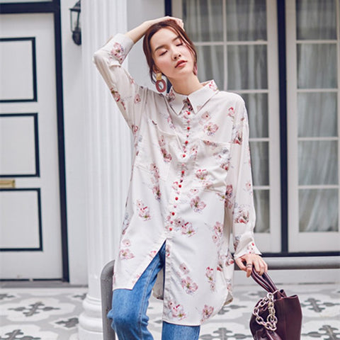 New Fashion Loose Retro Print Full Sleeve Long Type Shirt Female's Turn Down Collar Pockets Blouse Vestido YE27711