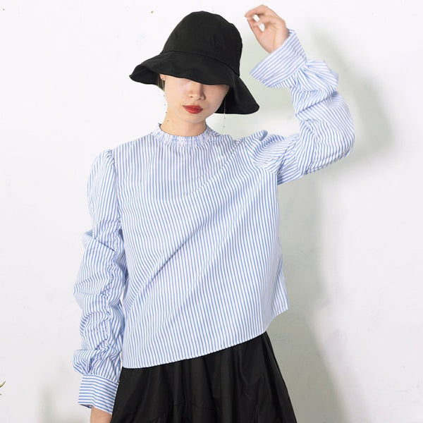 New Summer Autumn Fashion Woman Blue Striped Stand Collar Long Sleeve Ruffles Stitching Hollow Out Woman Shirt FD0