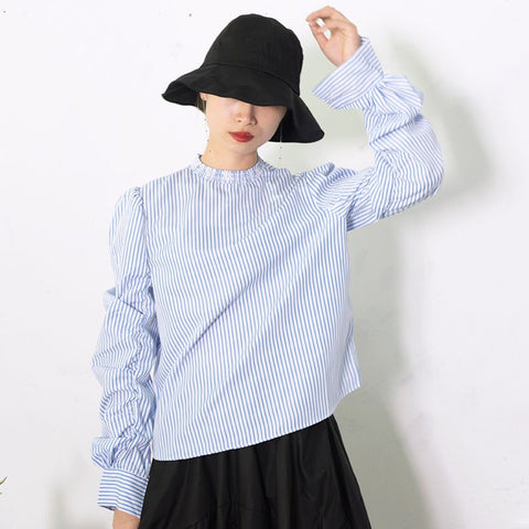 New Summer Autumn Fashion Woman Blue Striped Stand Collar Long Sleeve Ruffles Stitching Hollow Out Woman Shirt FD0