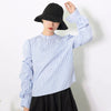 New Summer Autumn Fashion Woman Blue Striped Stand Collar Long Sleeve Ruffles Stitching Hollow Out Woman Shirt FD0