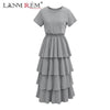 Spring Summer New O-neck Short Sleeve Cascading Ruffles Elastic Empire Waist Ladies Fashion Tunic Dress BA705