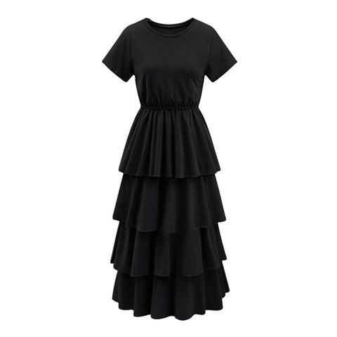 Spring Summer New O-neck Short Sleeve Cascading Ruffles Elastic Empire Waist Ladies Fashion Tunic Dress BA705