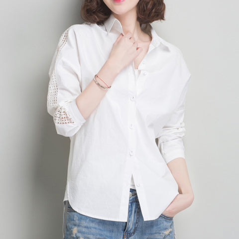 new summer autumn white tops turn-down collar full sleeve hollow out personality irregular hem women shirt FB895