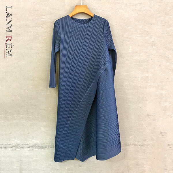 LANMREM 2022 Autumn Pleated Dress Women Irregular Round Neck All-match Dresses Female 2W897