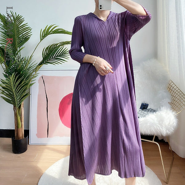 LANMREM 2022 Autumn Pleated Three-quarter Sleeve Long-sleeved Black Dress Loose All-match Solid Color Cloth For Women 2A2566