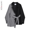 LANMREM 2022 Autumn Winter Irregular Blazer With Belt Female Plaid Patchwork Single Breasted Suit Coat Women 2W1682