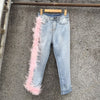 LANMREM 2022 Women High Waist Broken Tassels Fur Patchwork Washted Jeans Female Pants WH61705L High Street