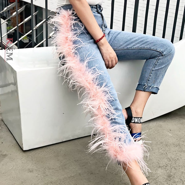 LANMREM 2022 Women High Waist Broken Tassels Fur Patchwork Washted Jeans Female Pants WH61705L High Street