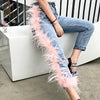 LANMREM 2022 Women High Waist Broken Tassels Fur Patchwork Washted Jeans Female Pants WH61705L High Street