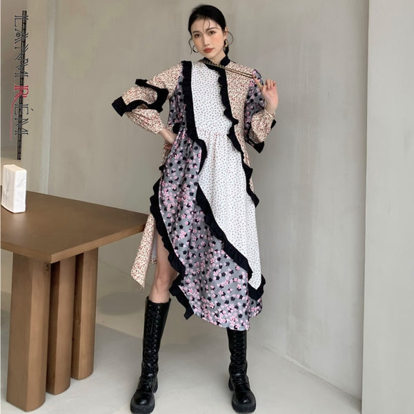 LANMREM 2022 autumn  Dress Women Long Sleeve  Patchwork Printed Flower Dresses Ladies Party Clothes 2A3301
