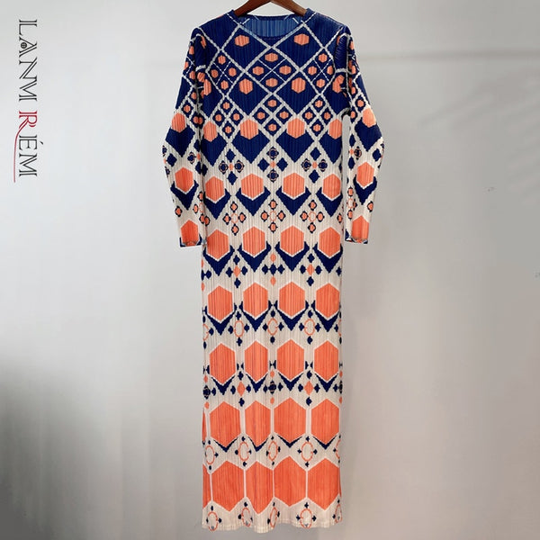 LANMREM 2022 Spring Autumn Pleated Printed Dress Female Three Quarter Sleeve Loose Round Neck Dresses Women's 2W2121